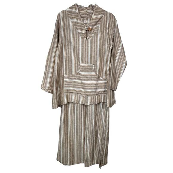 Bodil 100% Linen Pullover Tunic and Pull On Pants Set Brown White Size XS - Picture 1 of 7